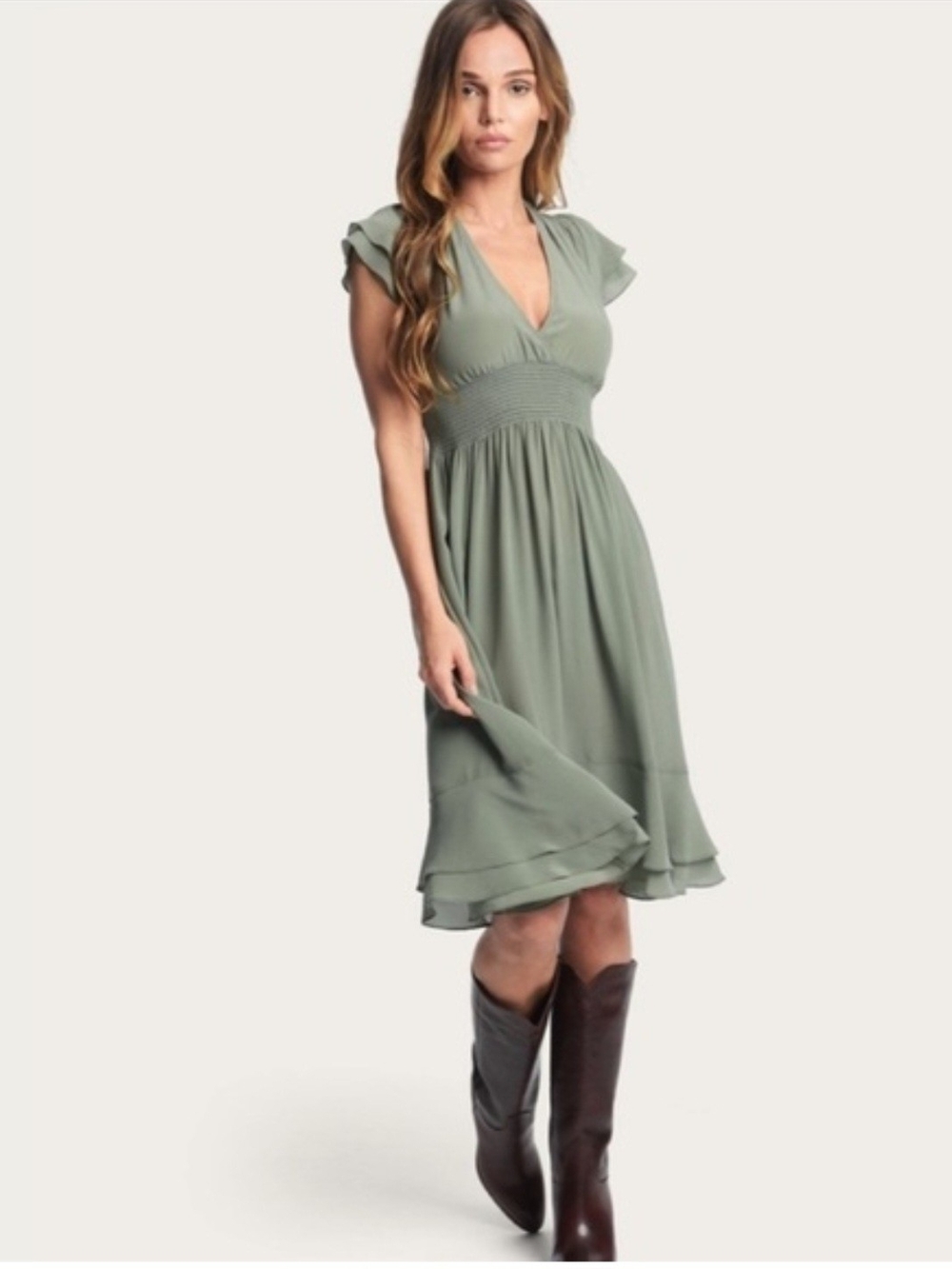 FRYE Natalie V-Neck Ruffle Sleeve 100% Silk Prairie Dress Sage Green Size M